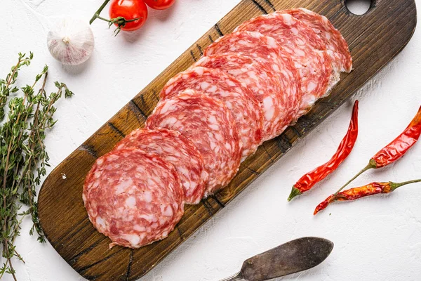 Salsiccia Affumicata Set Salumi Sfondo Bianco Tavolo Pietra Vista Dall — Foto Stock