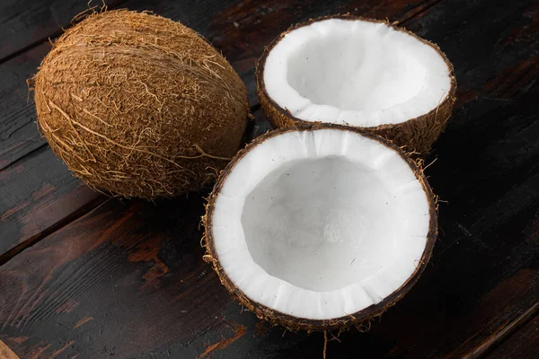 Coconut Half Set Old Dark Wooden Table Background — стоковое фото