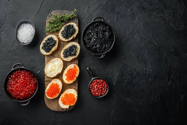 Sandwiches Red Black Caviar Baguette Black Background Top View Flat — Stock Fotó