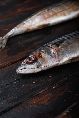 Two mackerel  on wooden table with space for text.