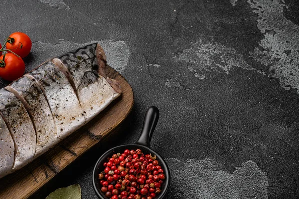 Marinated Mackerel Whole Fish Set Black Dark Stone Table Background — Photo