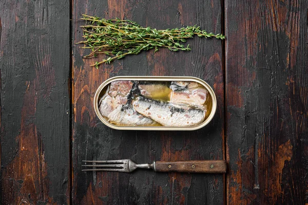 Canned Sardine Oil Set Old Dark Wooden Table Background Top — Stockfoto