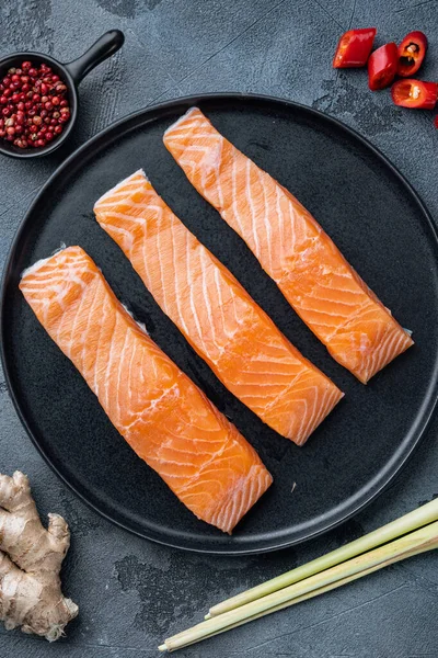 Fish Patties Ingredient Salmon Lemongrass Grey Background Top View — стоковое фото