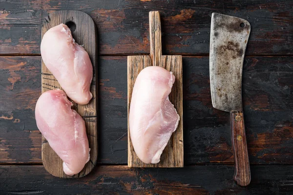 Chicken Uncooked Meat Butcher Knife Dark Wooden Background Flat Lay — Stock Photo, Image