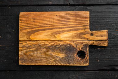 , Üst görünüm düz yatay, metin veya yiyecek için kopyalama alanı ile, siyah ahşap masa arka planı