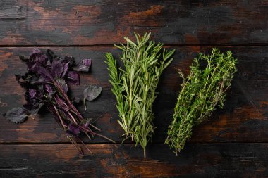 Biberiye, kekik, fesleğen karıştırılmış taze otlar, eski koyu ahşap masa arkaplanı, üst görünüm düz, metin için kopya alanı ile