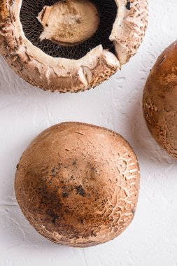 Beyaz beton arkaplan görünümlü Portobello mantarları