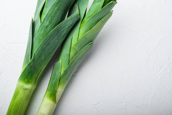 Organic Leek onion Stalks on white background, top view with space for text