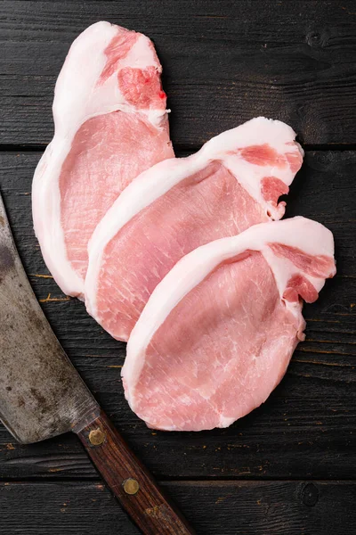 Pork Chops Set Black Wooden Table Background Top View Flat Stock Image