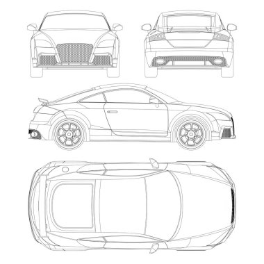 Coupe spor araba vektör şablonu. Spor araba plânı. Beyaz arka planda bir araba. Markalaşma için model şablonu. Boş araç damgalama modeli.