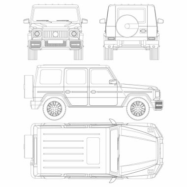 Off-road araba vektör şablonu. SUV 'nin planı. Beyaz arka planda 4x4 araç. Markalaşma için model şablonu. Boş araç damgalama modeli.