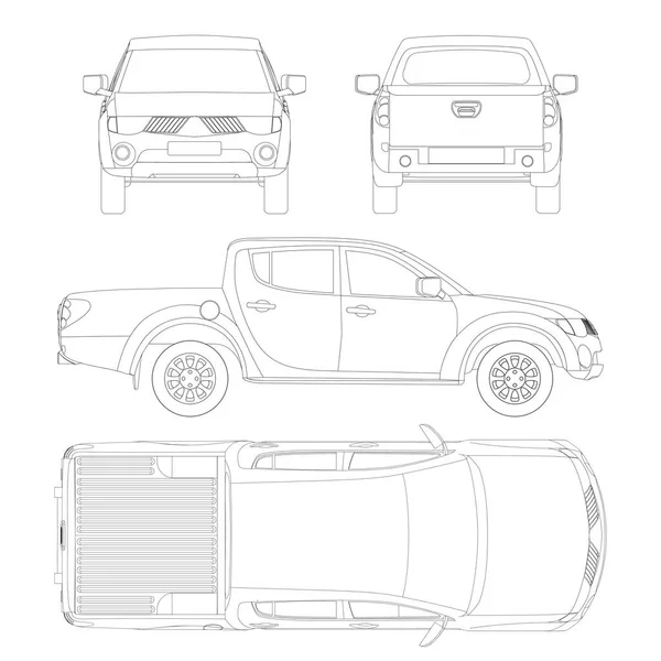 Vectorsjabloon Voor Pick Ups Vrachtwagen Blauwdruk Dubbele Taxiauto Witte Achtergrond — Stockvector