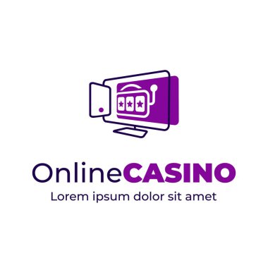 Çevrimiçi kumarhane logosu tasarımı. Akıllı telefon ve bilgisayar ekran vektör çizimi. Slot makinesi vektör tasarımı. 