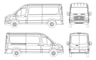Araba markalaştırma ve reklam için Van vektör şablonu. Hafif ticari minibüs. Ford transit geçiş planı. Teslimat kamyonu şablonu. Boş ticari kamyon..