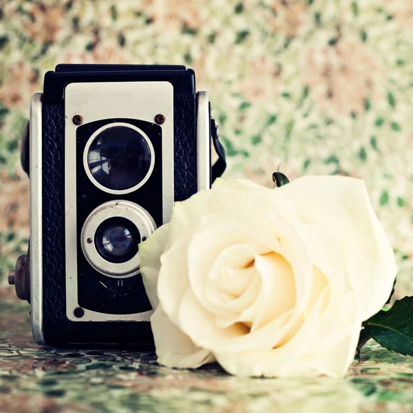 老式相机和玫瑰 — 图库照片