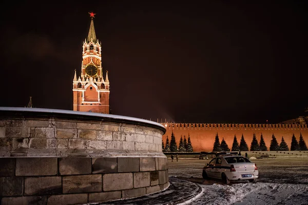 Splended View Moscow Kremlin Spasskaya Tower Red Square Illuminated Winter — Stock Photo, Image