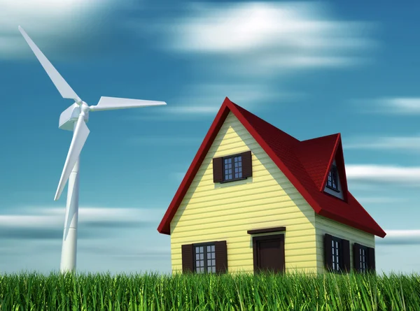 Huis aangedreven door windturbines — Stockfoto