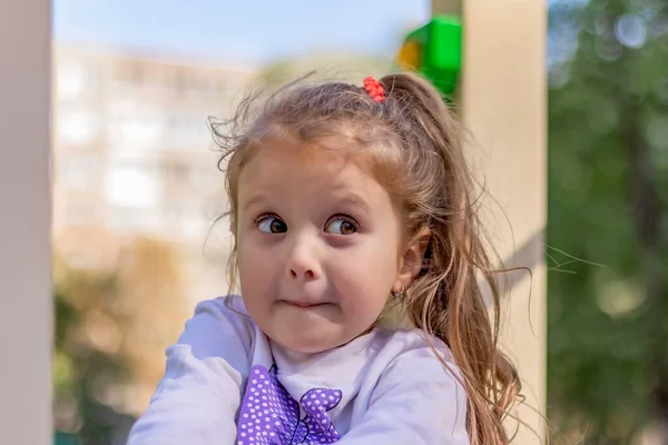 Pequena Menina Engraçada Europeia Anos Bonita Com Cabelos Castanhos Longos — Fotografia de Stock