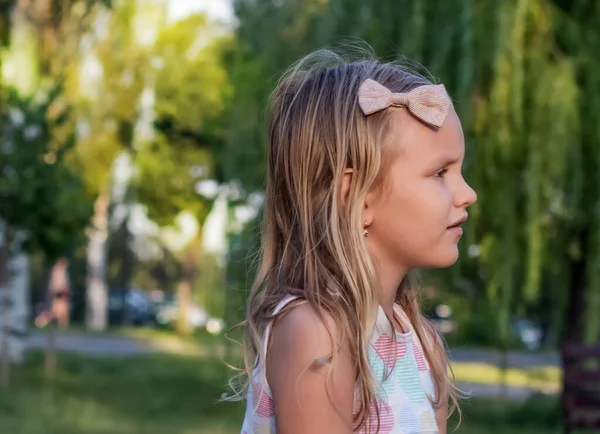 一个7岁女孩的肖像 金发碧眼 相形见绌 背景是一个夏季公园 — 图库照片