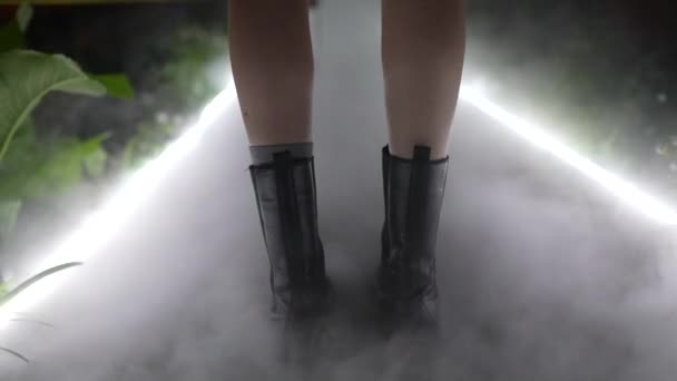 Una chica camina en un invernadero, la niebla se extiende por el suelo — Vídeos de Stock