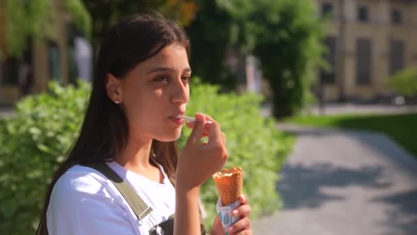 สาวสวยมีความสุขในสวนสาธารณะ กินไอศครีม สนุกกับวันหยุดฤดูร้อน — วีดีโอสต็อก