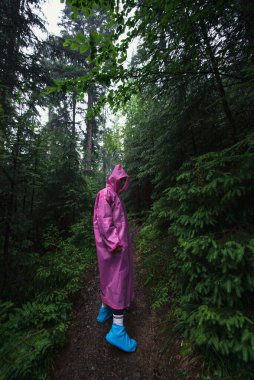 Yağmurluk giymiş genç bir kadın yağmur altında ormanda yürüyor.