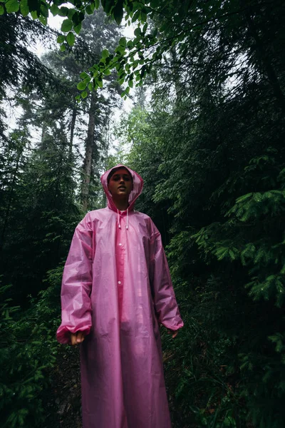 Jeune femme en imperméable marche à travers la forêt sous la pluie — Photo