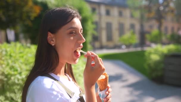公園で美若い幸せな女性は、アイスクリームを食べ、人生の夏休みを楽しんで — ストック動画