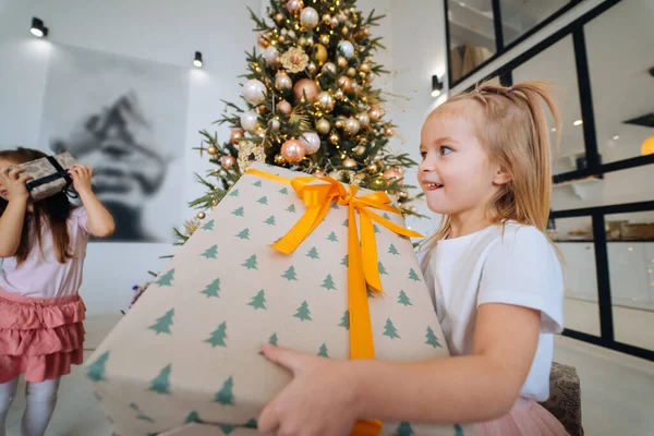 Sjarmerende liten jente har en gave på juletrærnes bakgrunn – stockfoto