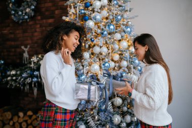 İki genç ve mutlu en iyi arkadaş bir oda arkadaşı hediyelerini paylaşır..