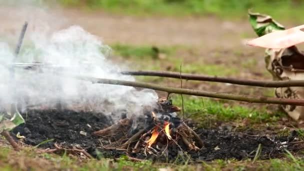 Człowiek rozpalający ogień w lesie — Wideo stockowe