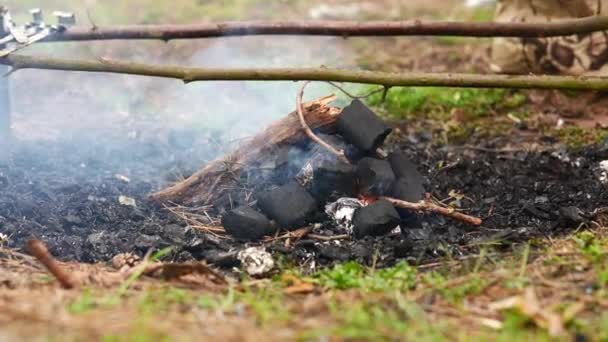 Człowiek rozpalający ogień w lesie — Wideo stockowe