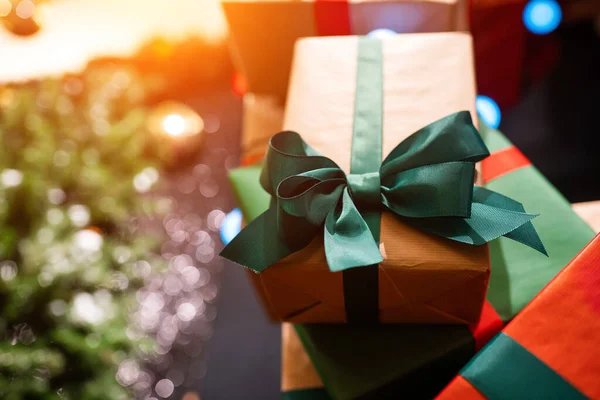 Gift boxes with ribbons of different colors — Stock Photo, Image