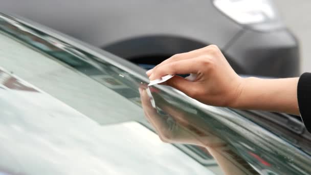 Chica rociando detergente de limpieza y limpiar la ventana del coche. — Vídeo de stock