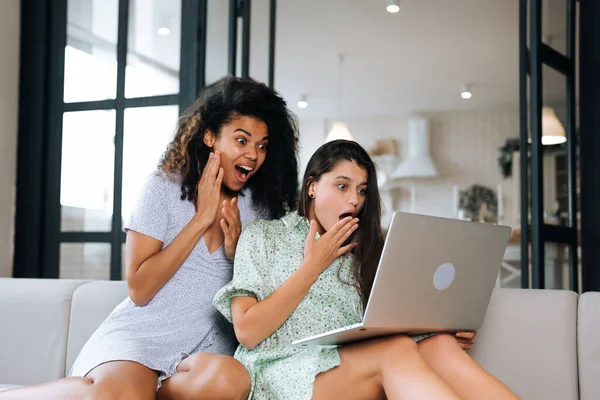 Oturma odasında dizüstü bilgisayara bakarak rahatlayan iki güzel kadın.