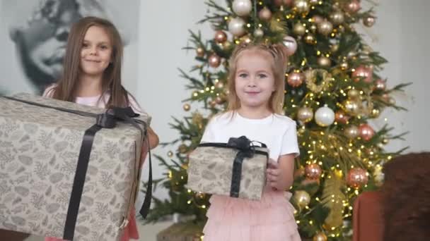 Очаровательные маленькие девочки держат подарки на фоне рождественских елок — стоковое видео