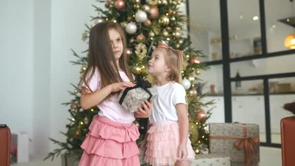 Очаровательные маленькие девочки держат подарки на фоне рождественских елок — стоковое видео