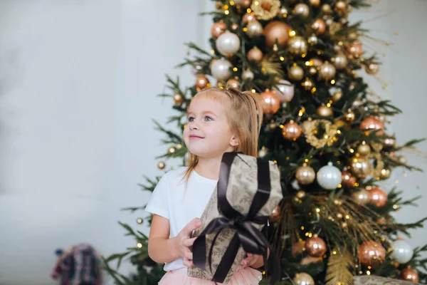Чарівна маленька дівчинка тримає подарунок на фоні ялинки — стокове фото