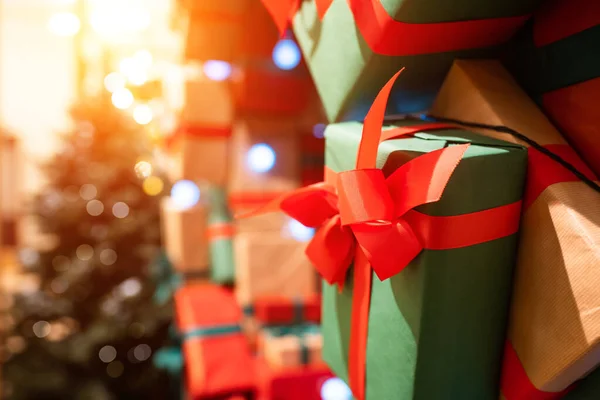 Gift boxes with ribbons of different colors — Stock Photo, Image