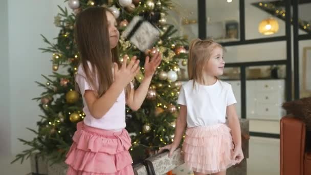 Чарівні маленькі дівчата тримають подарунки на фоні ялинки — стокове відео