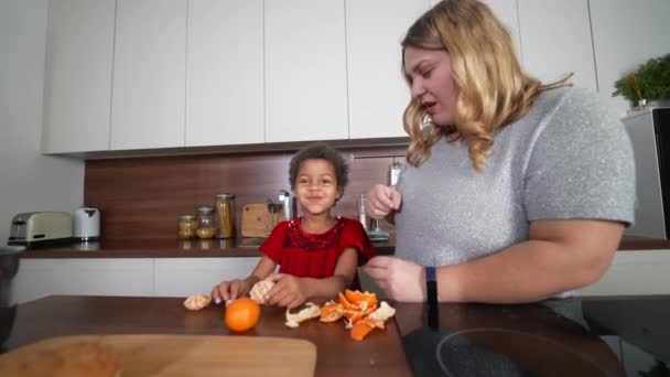 キッチンで料理をしながら楽しいママと娘 民族的にも人種的にも混合した家族 — ストック動画