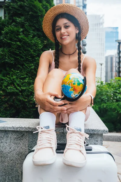 Beautiful Young Woman Holds Small Globe Her Hands Lifestyle Travel — 图库照片