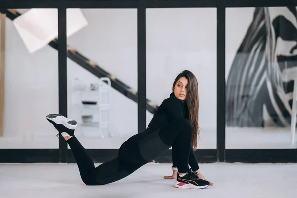 Side View Flexible Girl Exercising Yoga Pose Indoors Concept Yoga — Foto de Stock