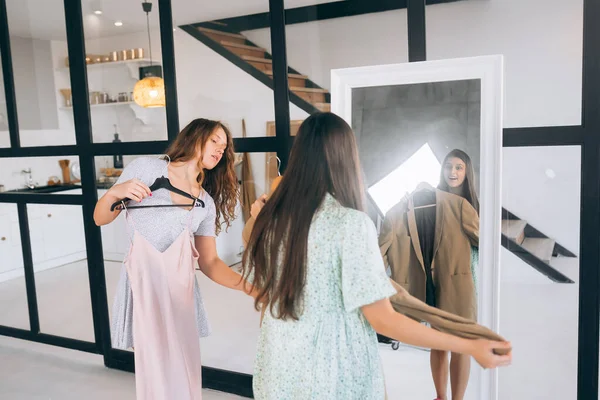 Image Pretty Females Trying Dress Home —  Fotos de Stock