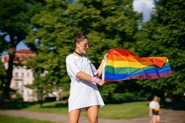 Young Woman Lgbt Pride Flag Walking Park — Foto Stock