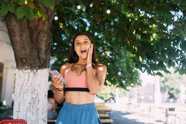 Photo Charming Pretty Young Lady Communicating Modern Gadget Smiling Urban — Foto de Stock