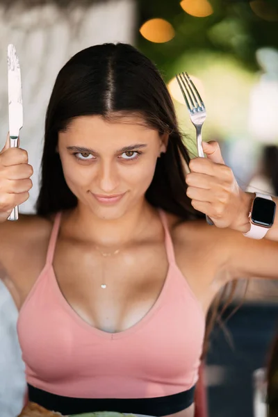 Young Beautiful Woman Holding Knife Fork Close View — Stockfoto