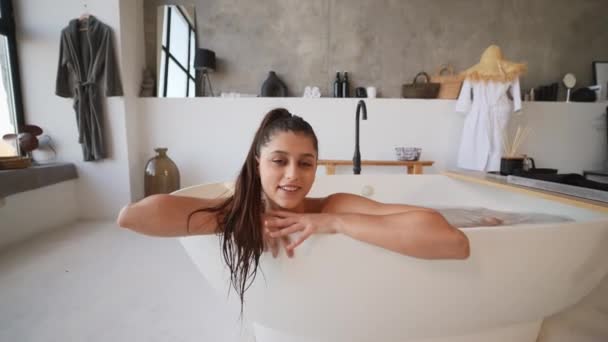 Happy Woman Bathing Home Relaxation Wellness — Wideo stockowe