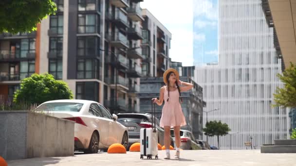 Young Beautiful Woman Walks White Suitcase — Vídeos de Stock