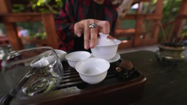 Proces Zaparzania Herbaty Kobieta Parująca Herbata Ziołowa Ciesząca Się Powolnym — Wideo stockowe